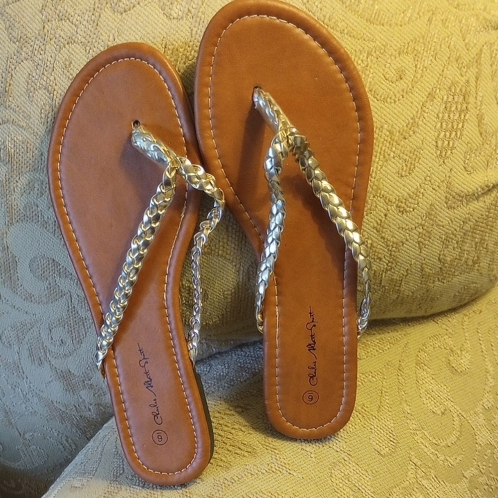 Silver and Tan Flip Flops